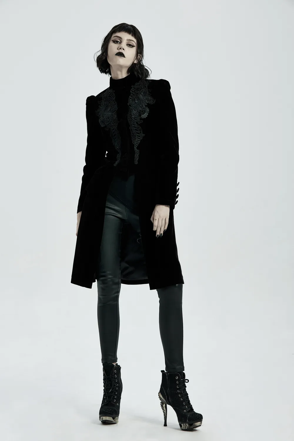 Elegant Gothic Black Velvet Lace-Up Back Trench Coat