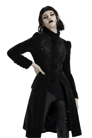 Elegant Gothic Black Velvet Lace-Up Back Trench Coat