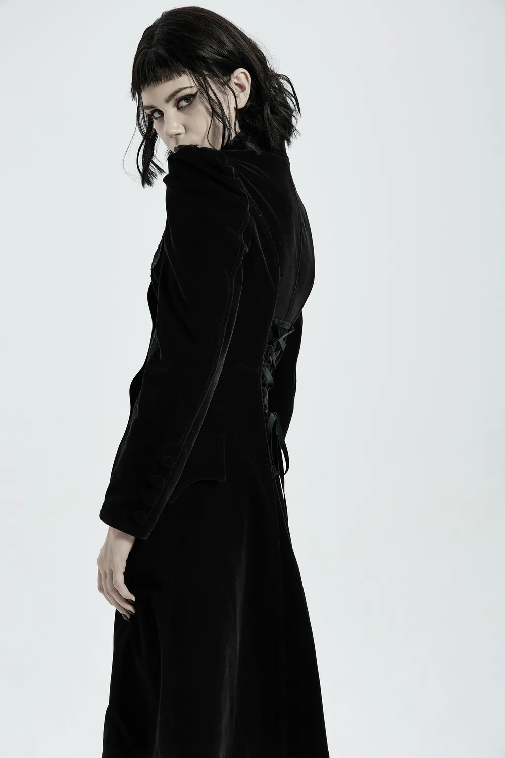 Elegant Gothic Black Velvet Lace-Up Back Trench Coat