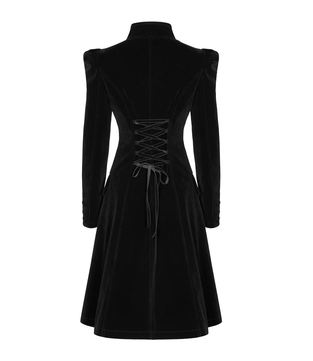 Elegant Gothic Black Velvet Lace-Up Back Trench Coat