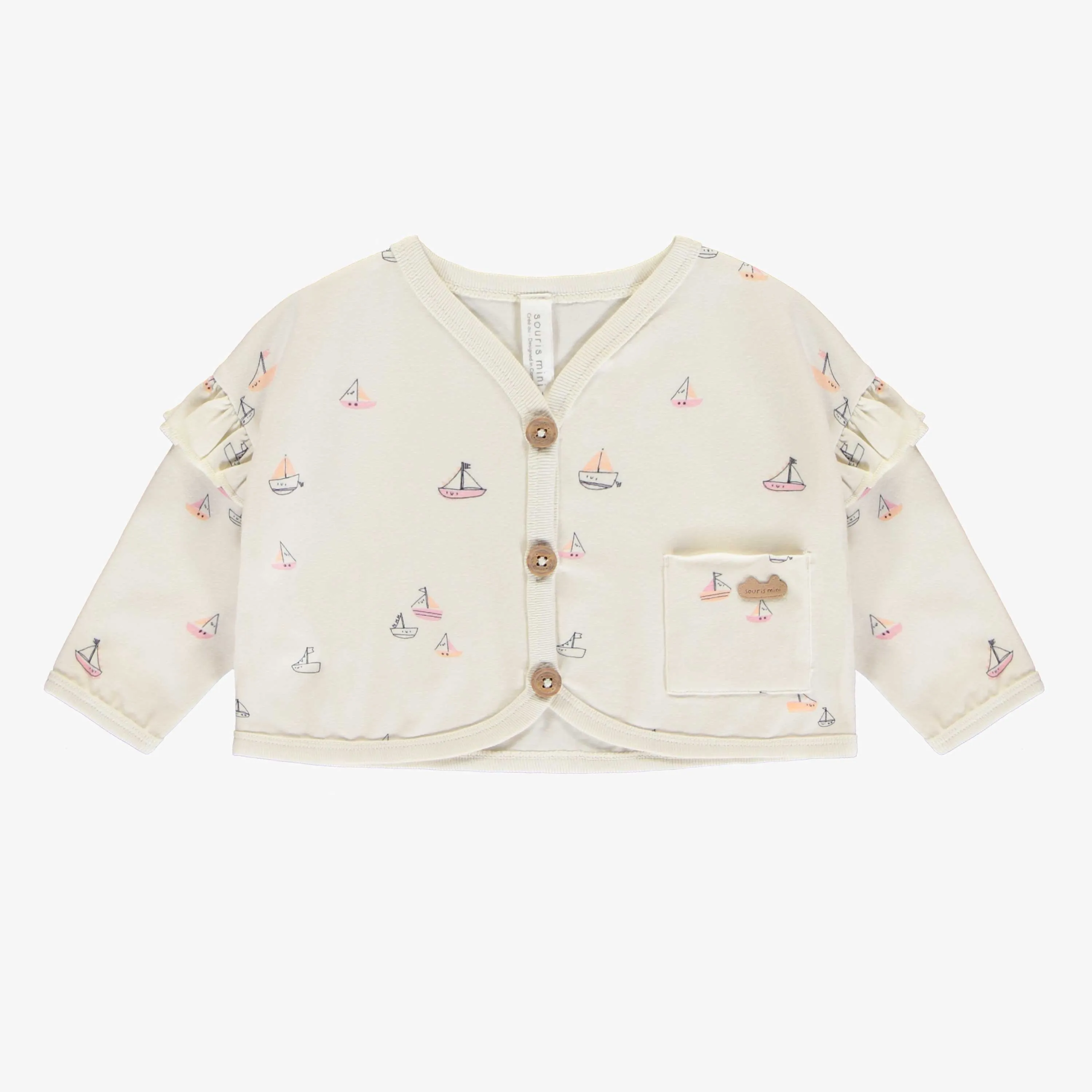 Ensemble deux-pièces veste et short crème avec motif de voiliers en coton biologique, naissance || Cream vest and short two-pieces set with sailboat print in organic cotton, newborn