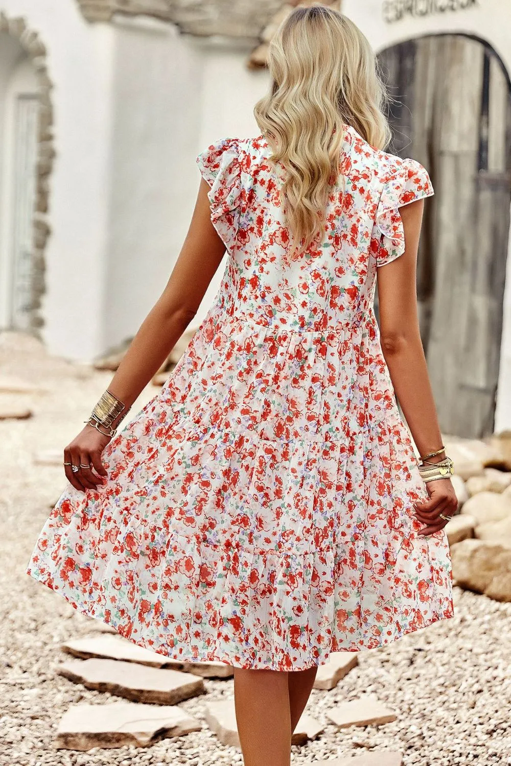 Floral Flutter Sleeve Notched Neck Tiered Dress