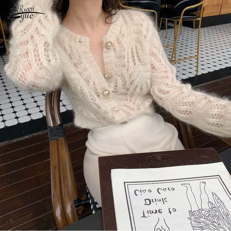 Graduation Gifts   Vintage Elegant Female Cardigan Autumn Winter Long Sleeve Women Knitted Cardigan Sweater Fashion Hollow Out Sweaters Tops 16179