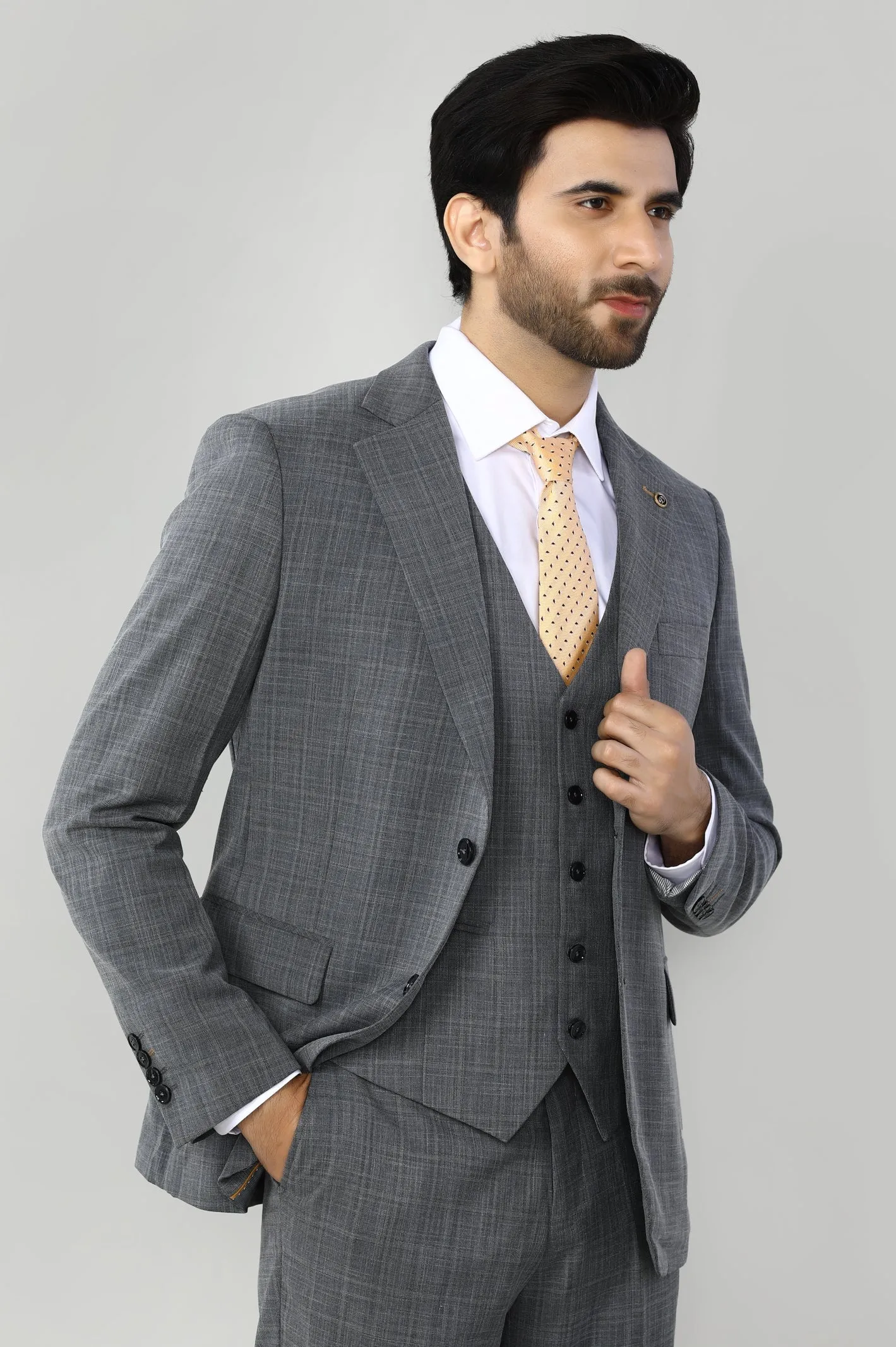 Grey Check 3 PCs Suit for Mens