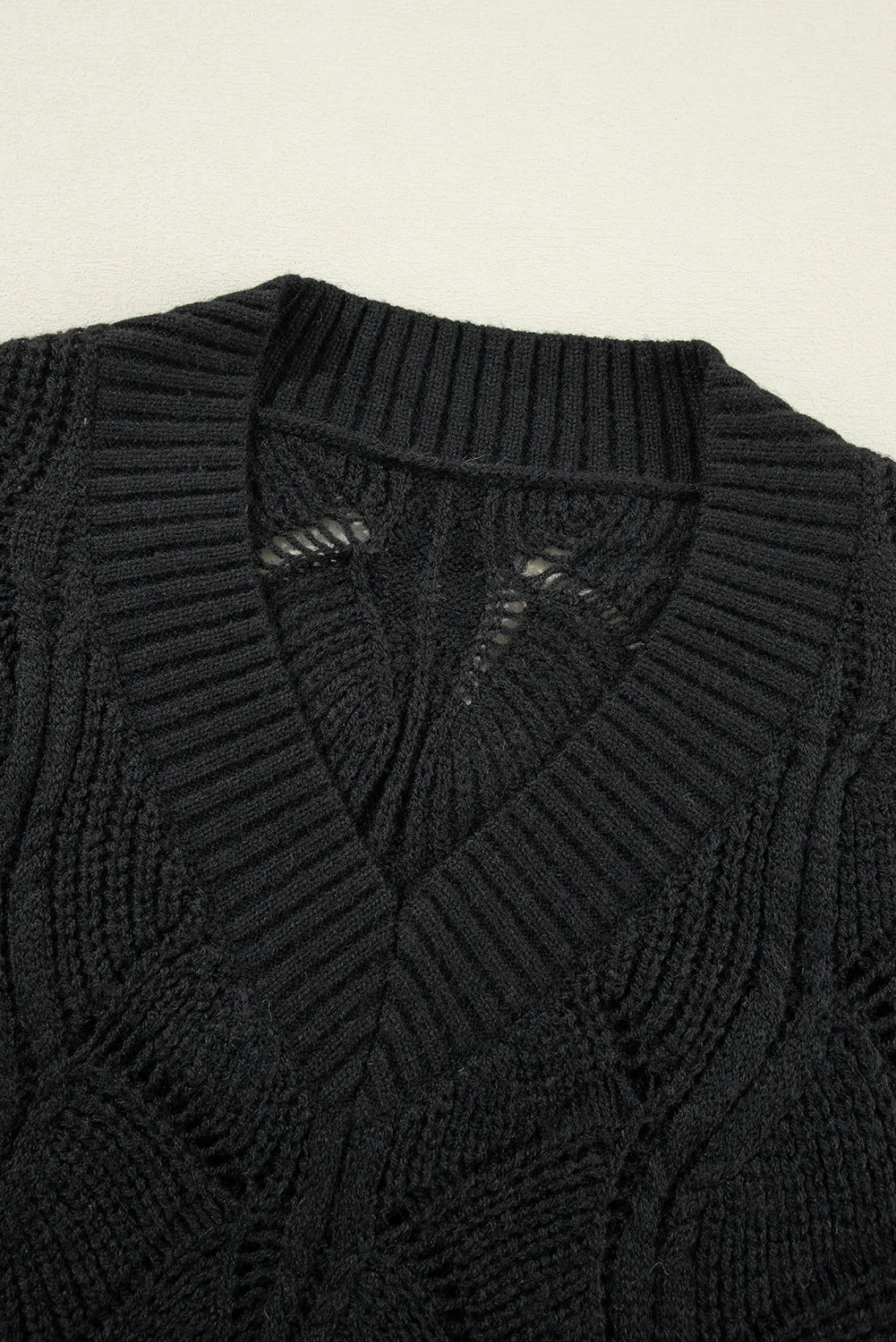 Hollow Out Knit V Neck Drop Shoulder Sweater