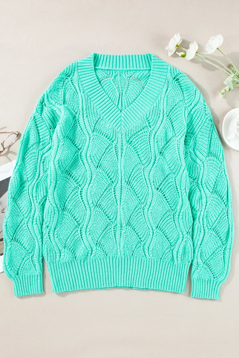 Hollow Out Knit V Neck Drop Shoulder Sweater