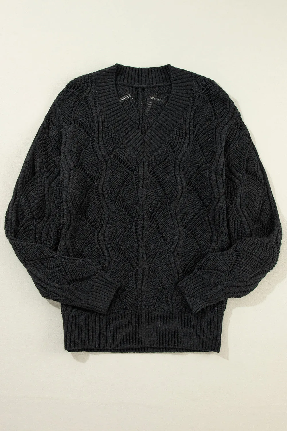 Hollow Out Knit V Neck Drop Shoulder Sweater