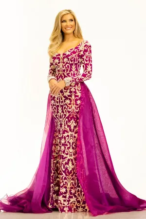 Johnathan Kayne 2334 Size 4, 10 Magenta Evening Gown Long Sleeves Overskirt