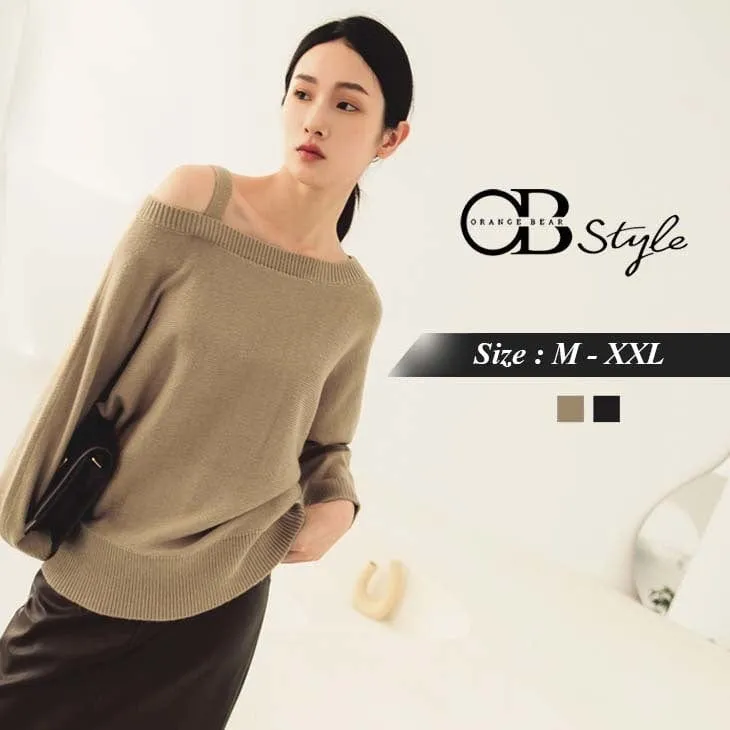 KNIT ROUND NECK ONE SHOULDER LONG SLEEVE FUR TOPS