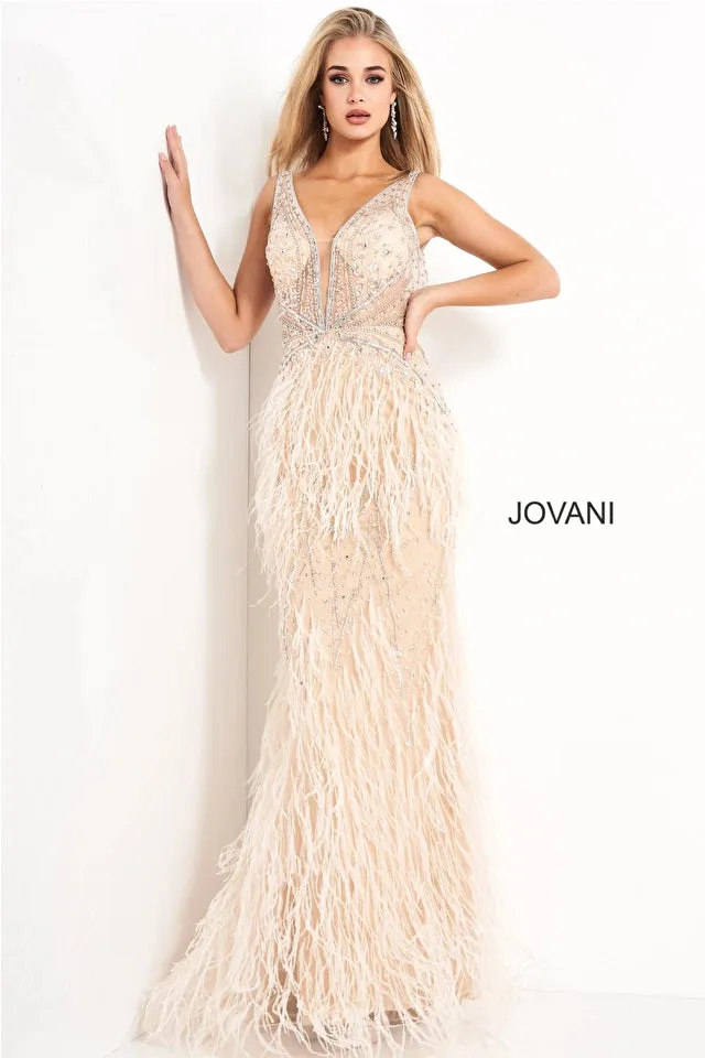 kori | Beaded Bodice Feather Evening Gown | Jovani 03023