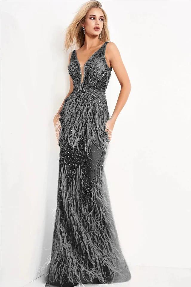 kori | Beaded Bodice Feather Evening Gown | Jovani 03023