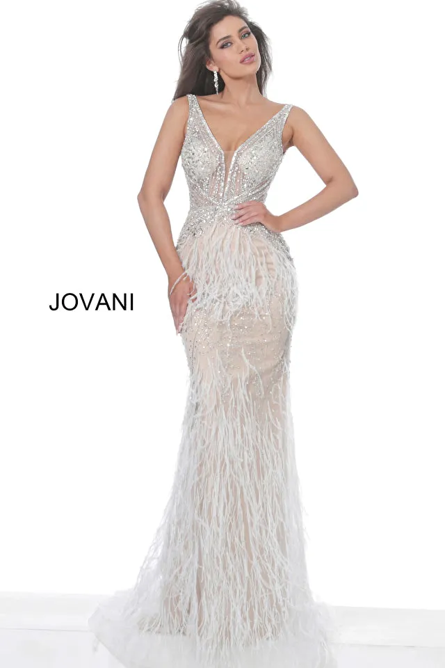 kori | Beaded Bodice Feather Evening Gown | Jovani 03023