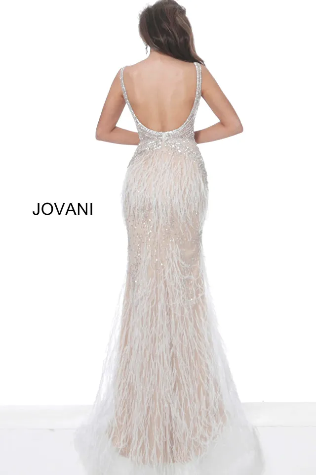 kori | Beaded Bodice Feather Evening Gown | Jovani 03023