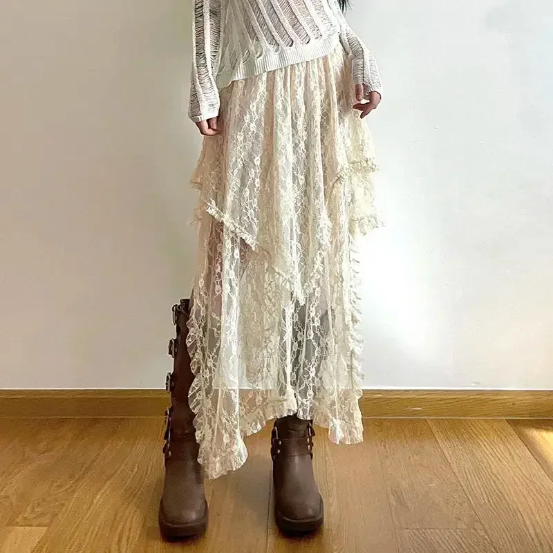 Lace Beige Fairycore Asymmetrical Skirt