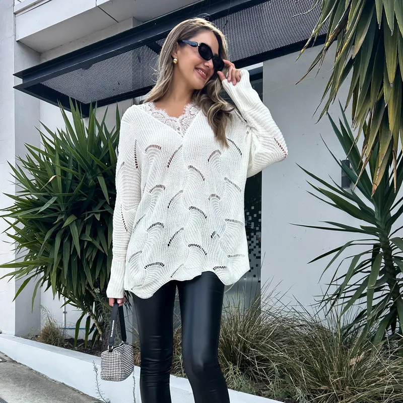 Lace Stitching Medium and Long White Sweater Women