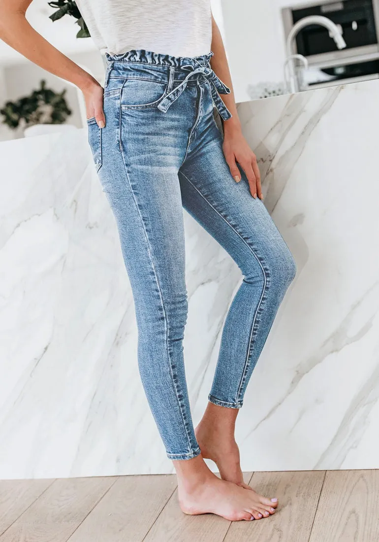 Light Blue High-Waist Acid Wash Belted Denim Skinny Jeans