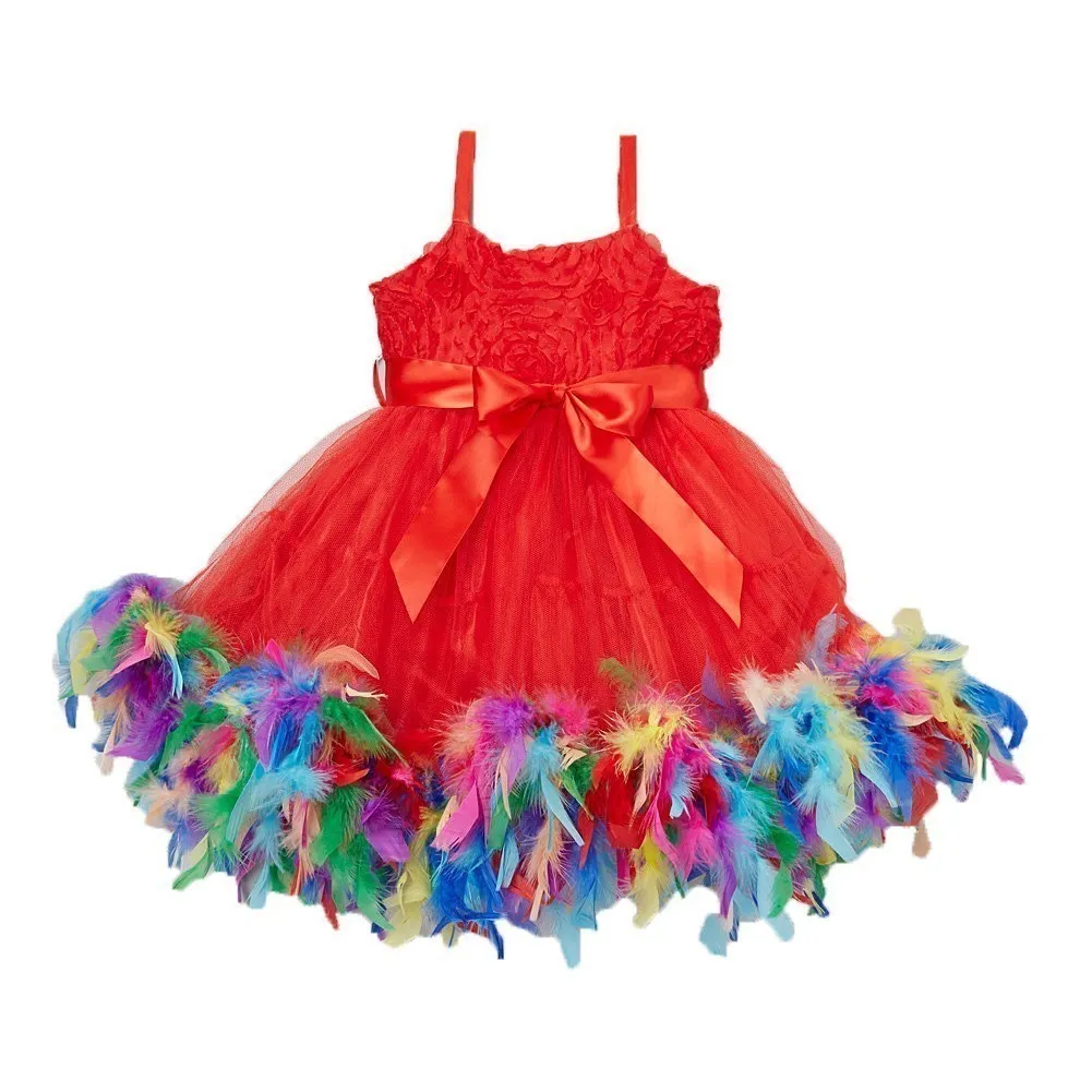 Little Girl Red Multi Color Rainbow Feathers Bow Frilly Dress 0-7