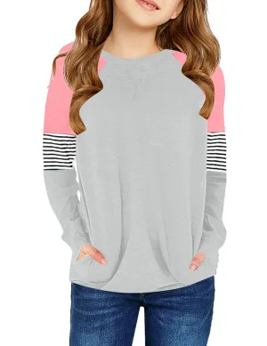 Little Girls' Grey Color Block Raglan Sleeves Stripe Pullover Top