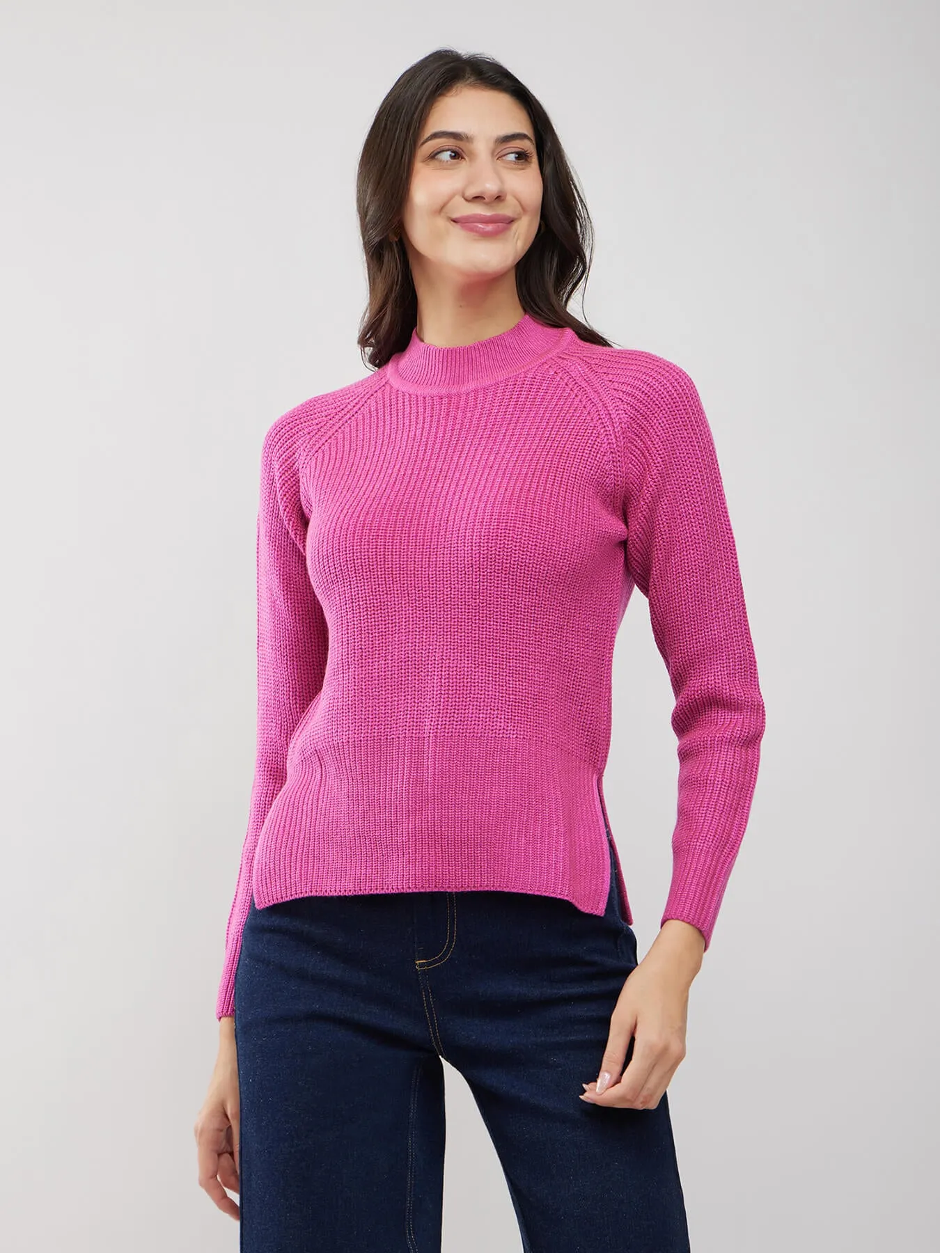 LivSoft Rib Knit High Neck Sweater - Pink