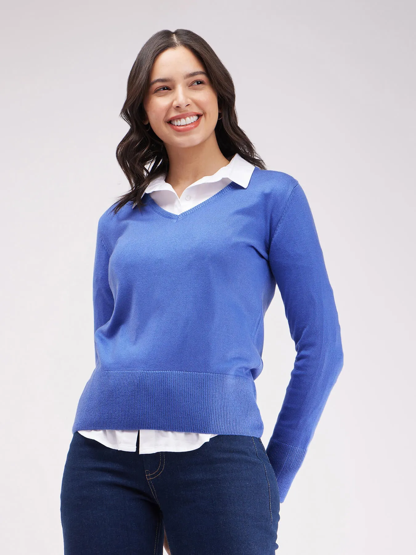 LivSoft V Neck Sweater - Light Blue