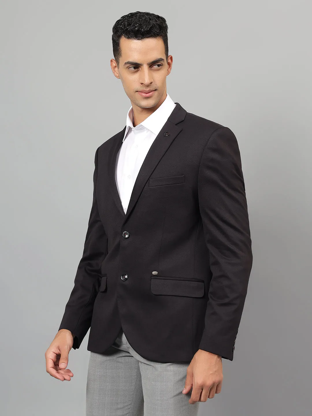 Men's Black Self Design Notch Lapel Casual Blazer