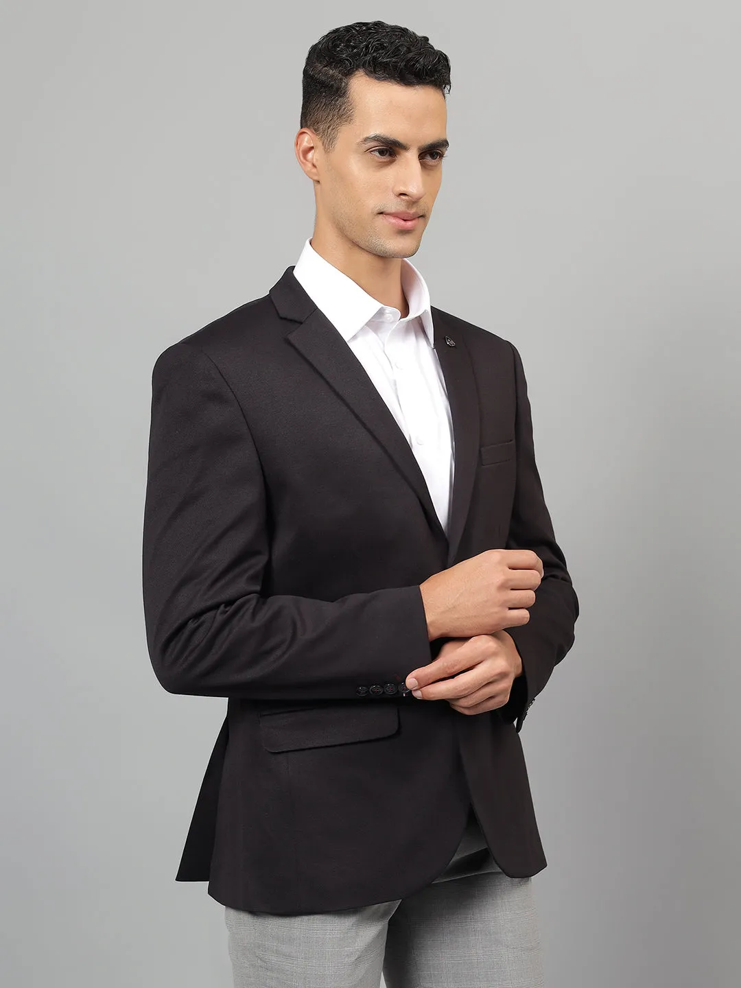 Men's Black Self Design Notch Lapel Casual Blazer