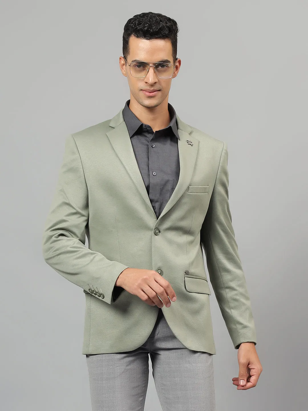 Men's Green Self Design Notch Lapel Casual Blazer