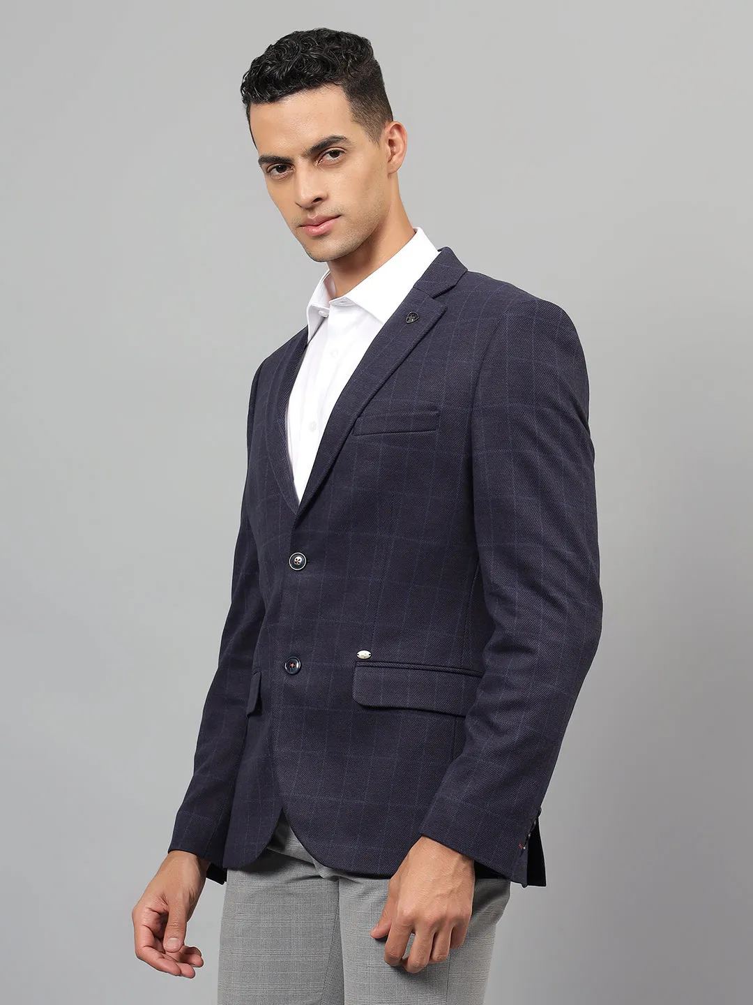 Men's Navy Blue Checked Notch Lapel Casual Blazer