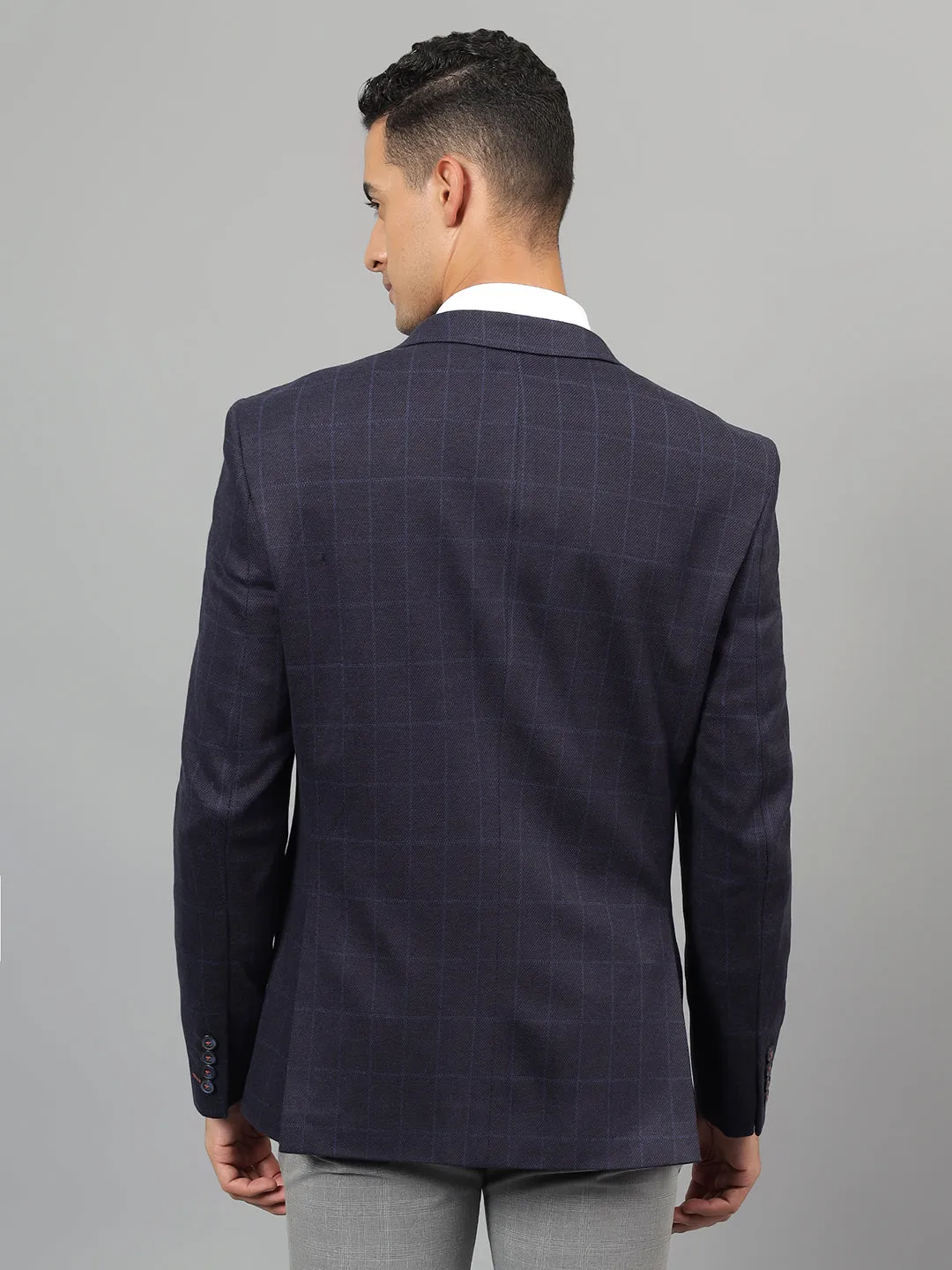 Men's Navy Blue Checked Notch Lapel Casual Blazer