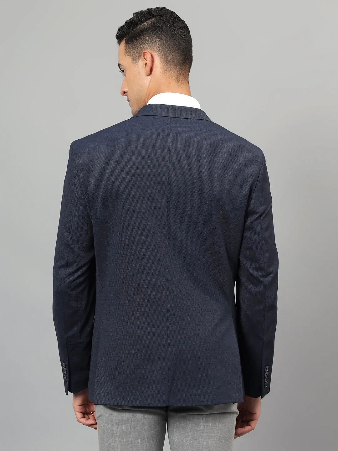 Men's Navy Blue Self Design Notch Lapel Casual Blazer