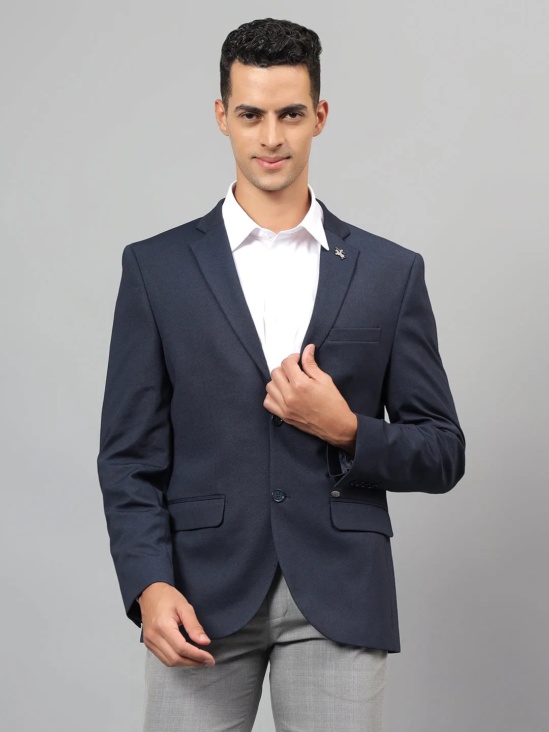 Men's Navy Blue Self Design Notch Lapel Casual Blazer