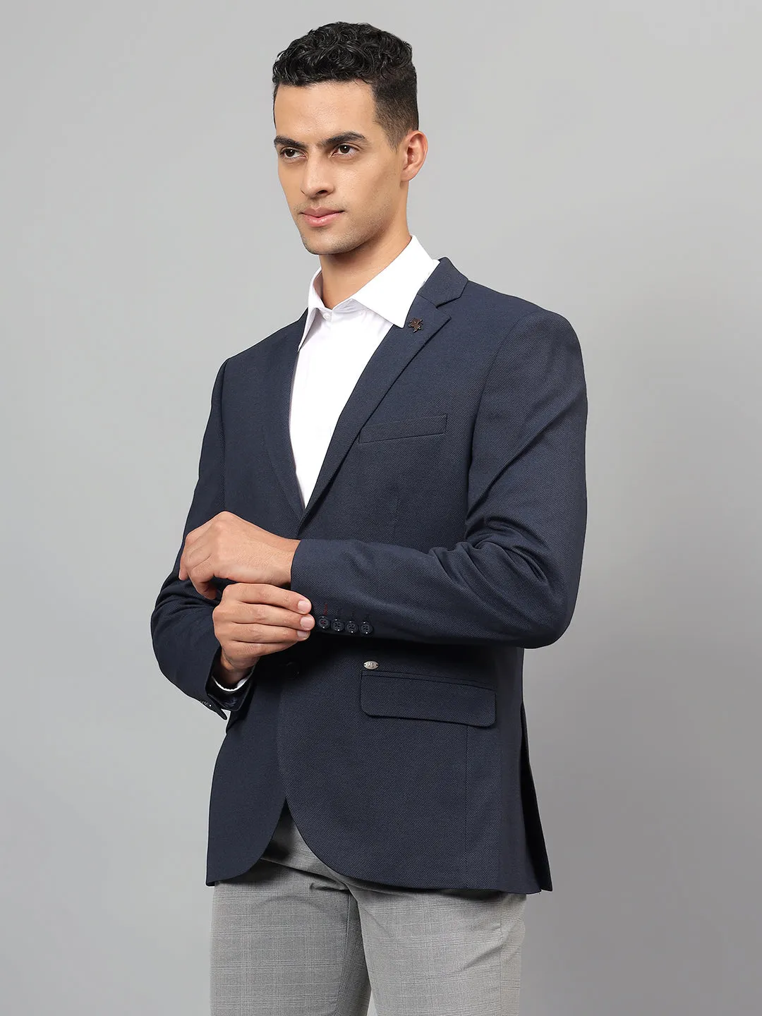 Men's Navy Blue Self Design Notch Lapel Casual Blazer