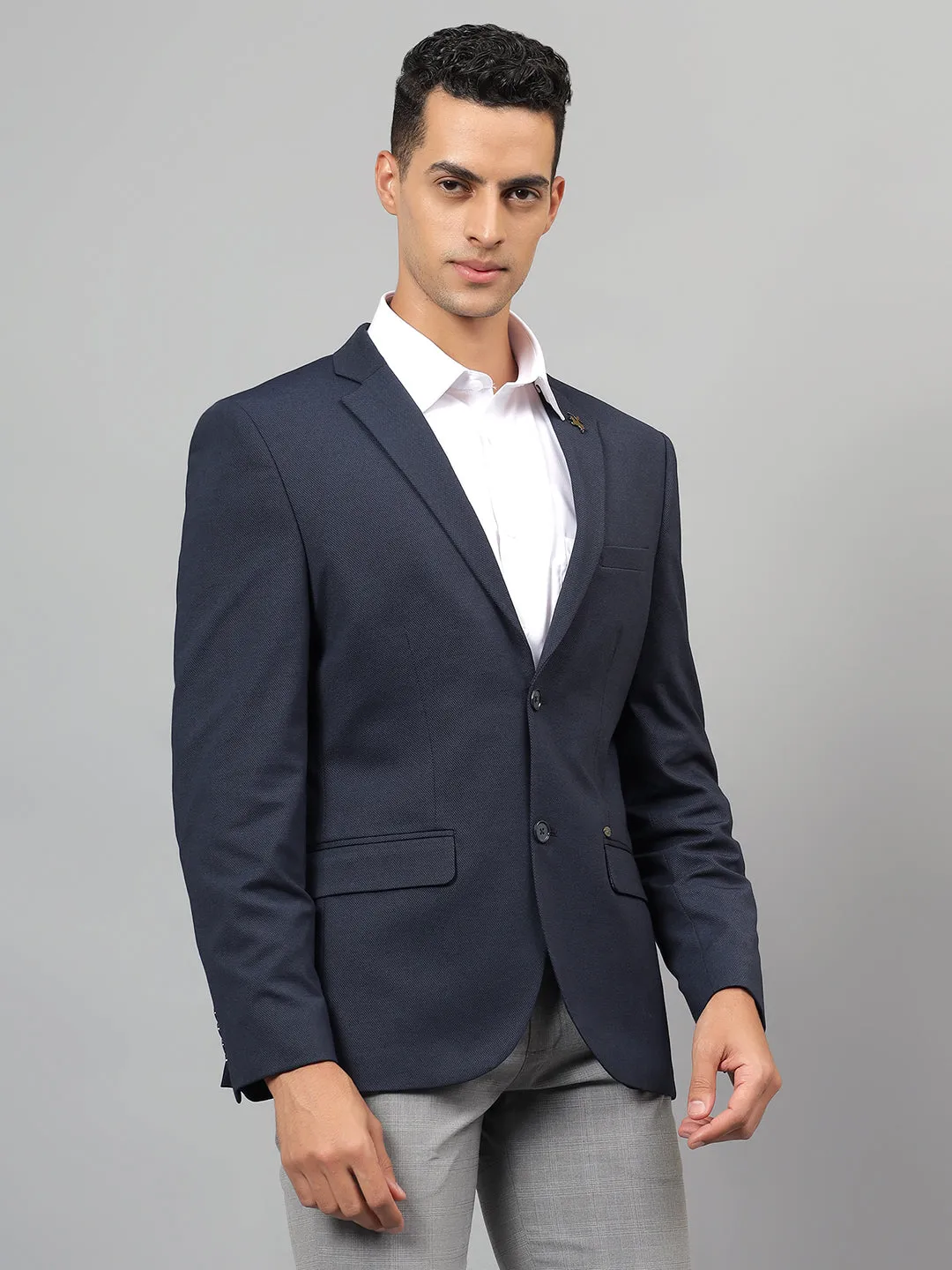 Men's Navy Blue Self Design Notch Lapel Casual Blazer