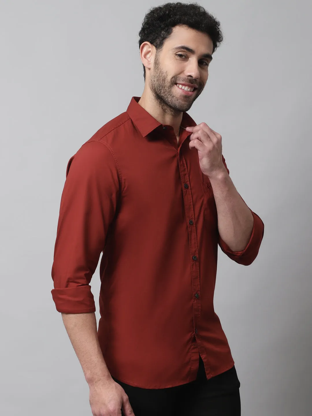 Men's Rust Casual Plain Stretch Full Sleeve Shirt