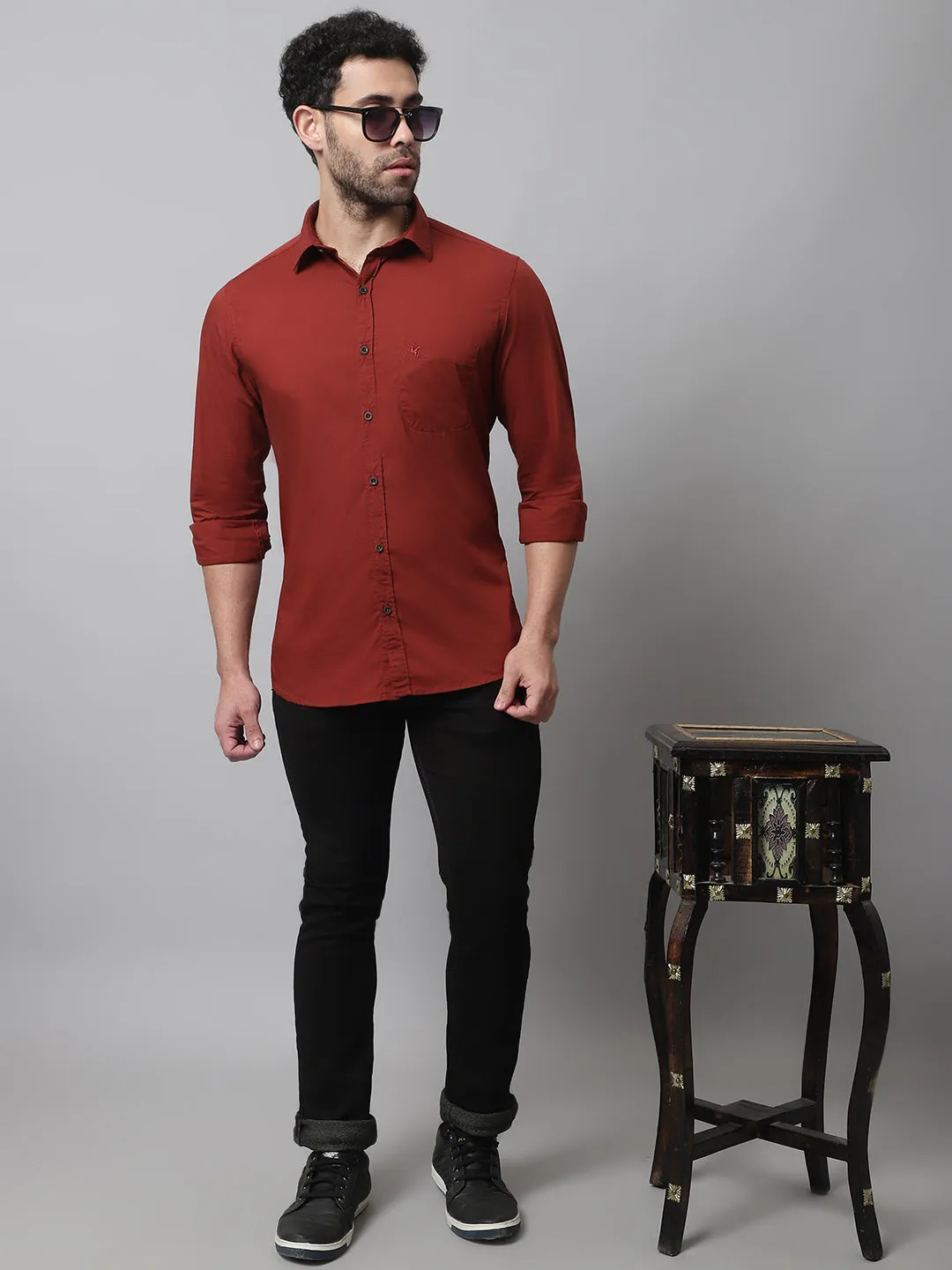 Men's Rust Casual Plain Stretch Full Sleeve Shirt