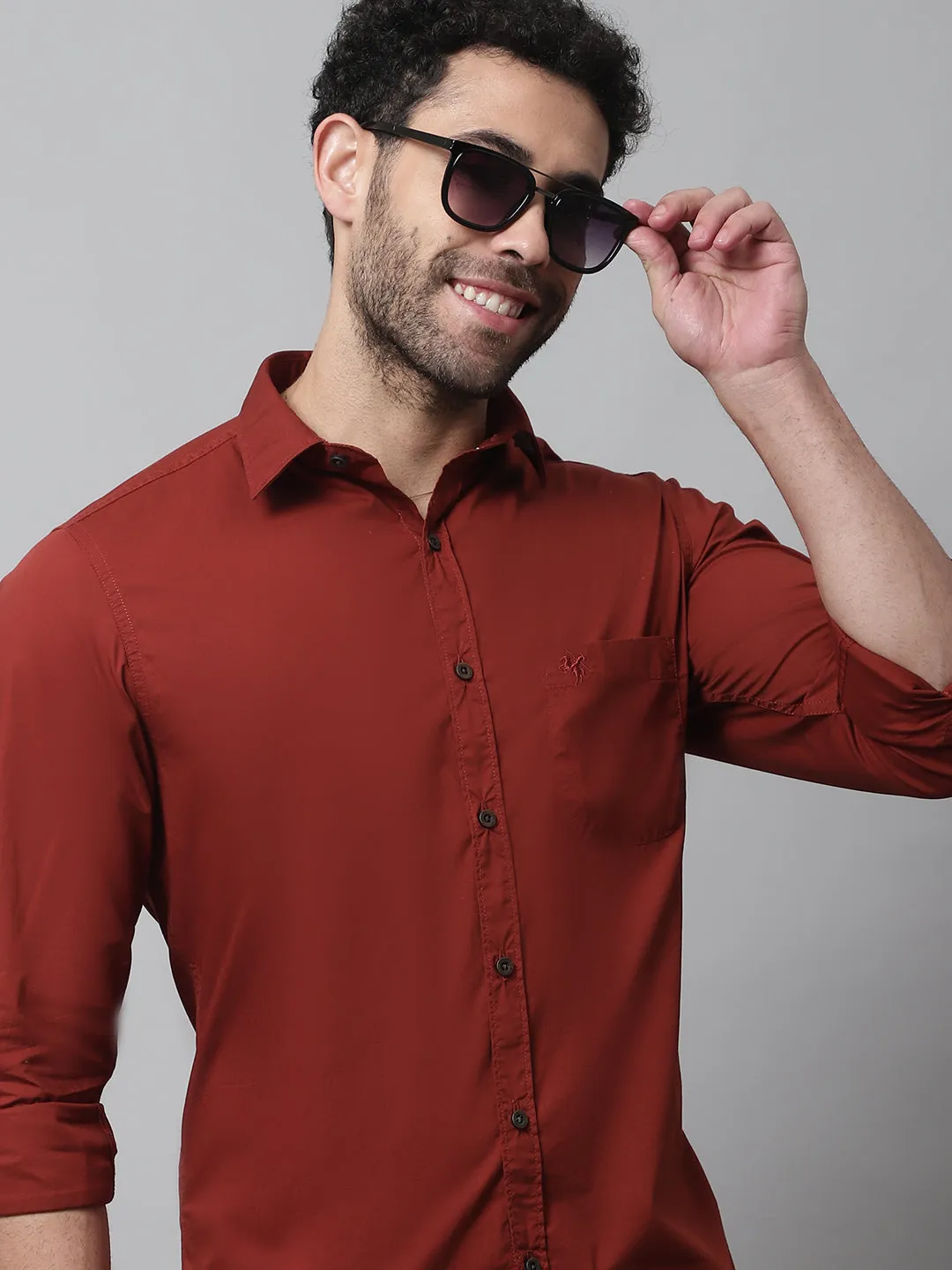 Men's Rust Casual Plain Stretch Full Sleeve Shirt