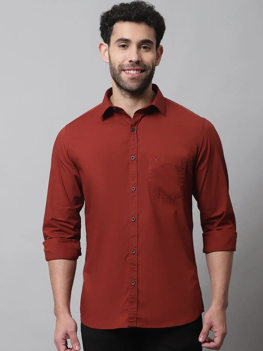 Men's Rust Casual Plain Stretch Full Sleeve Shirt