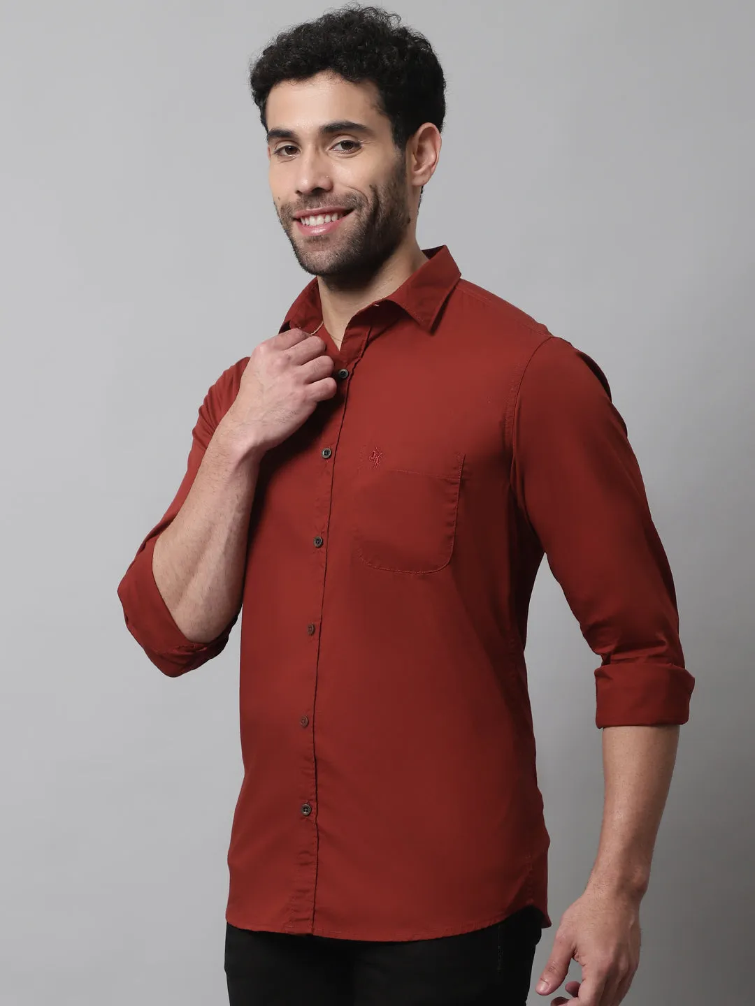 Men's Rust Casual Plain Stretch Full Sleeve Shirt