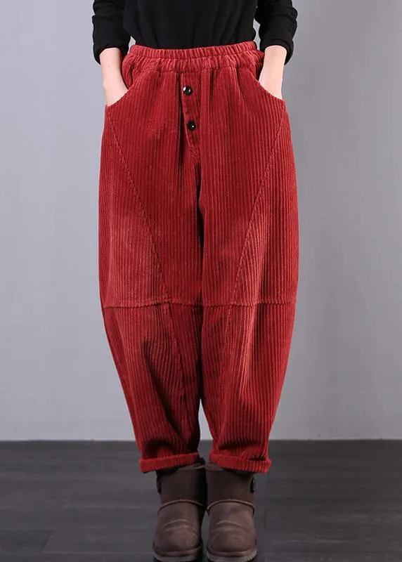 Modern Red Women Pants Oversize Fall Corduroy Pockets Cotton Casual Pants