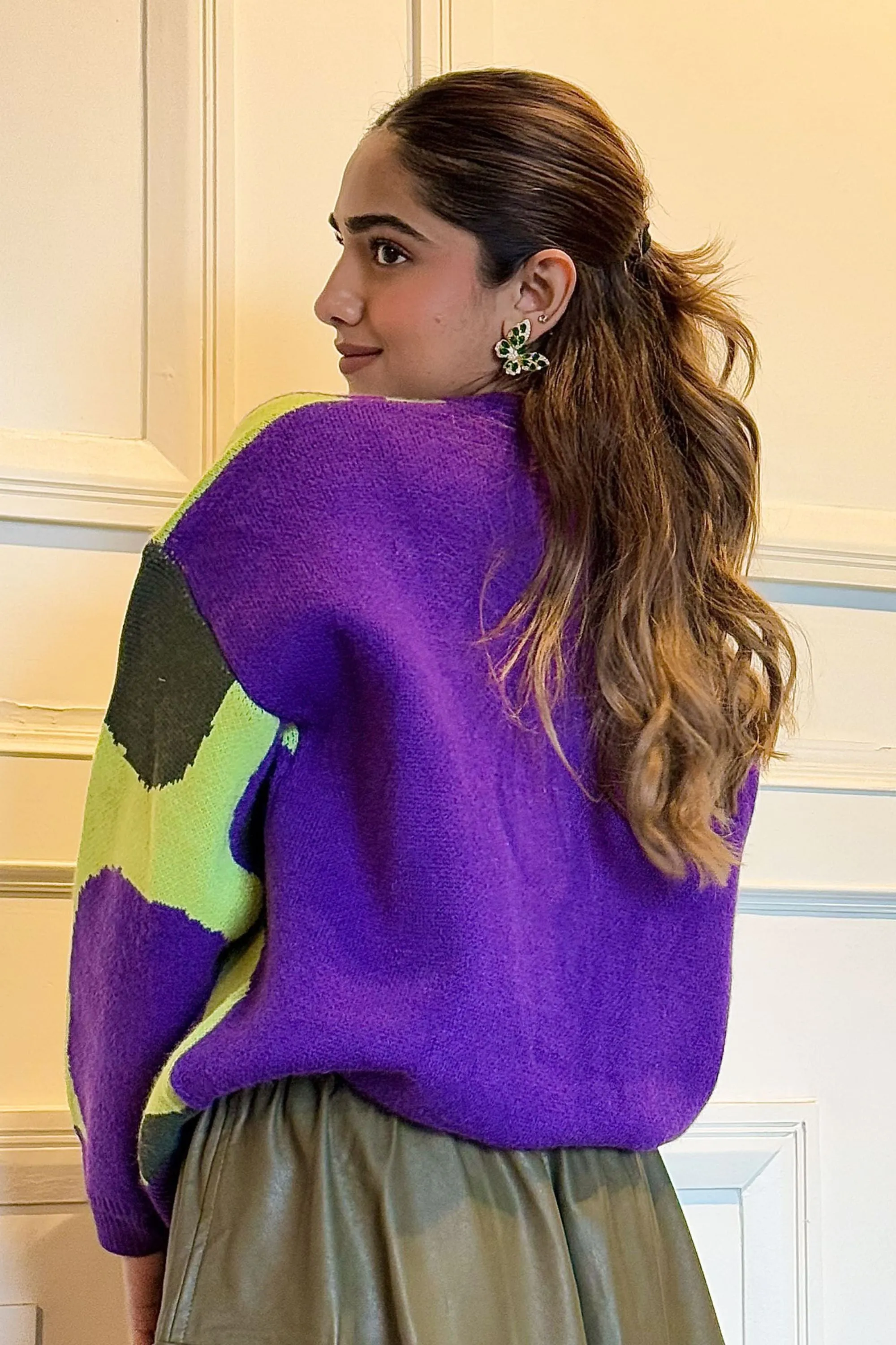 Mosaic Purple Round Knit Sweater