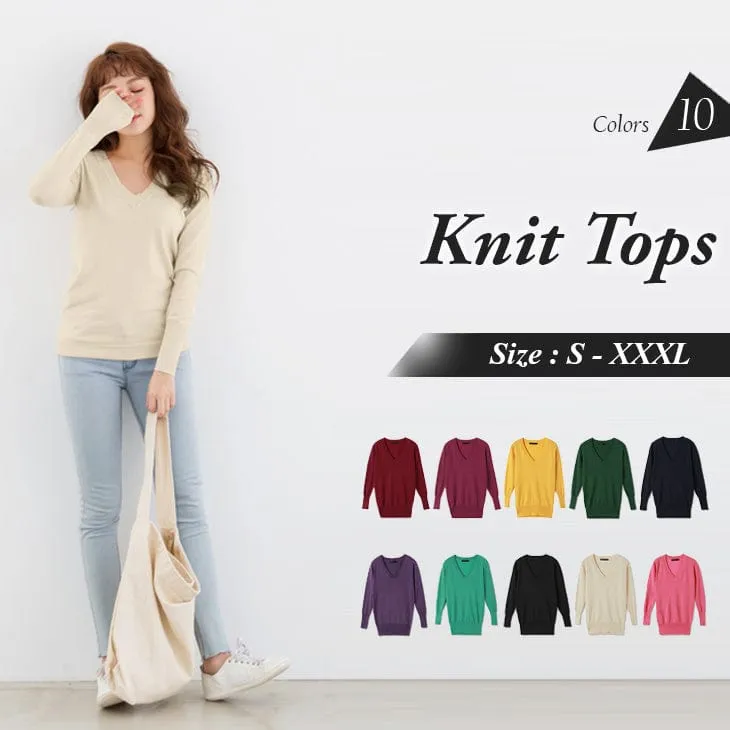 ORANGEBEAR V-NECK LONG SLEEVE KNIT TOPS