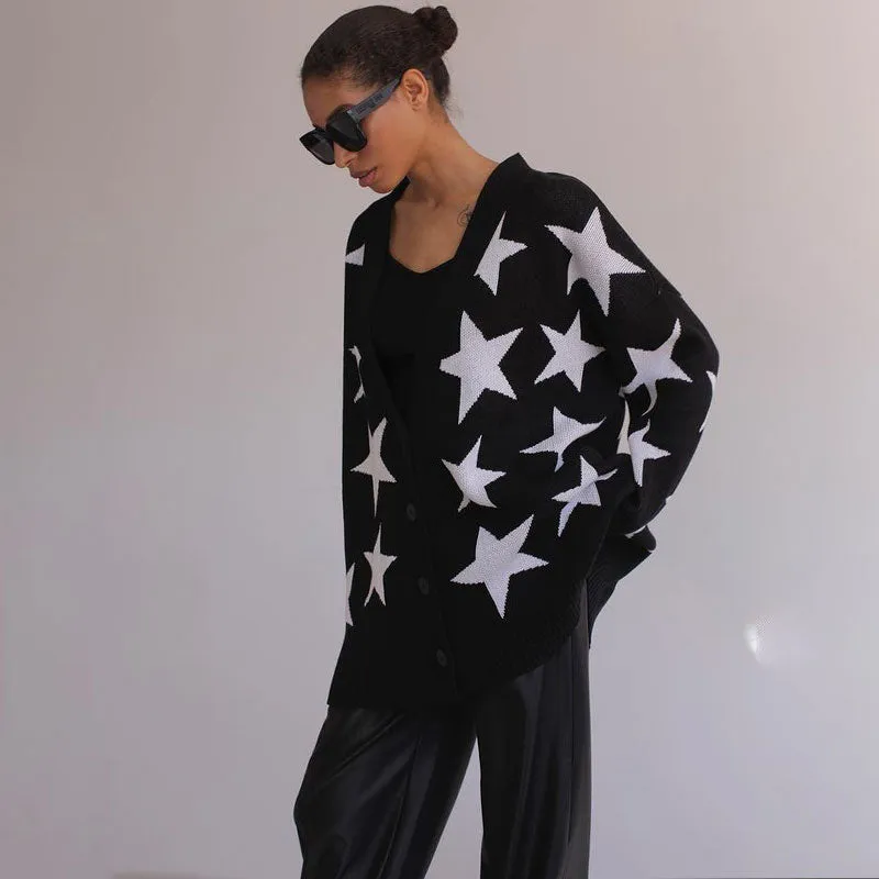 Oversized Open Front Color Block Star Print Cocoon Cardigan