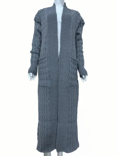 Pre Order:  Ribbed Collar Cableknit Long Cardigan