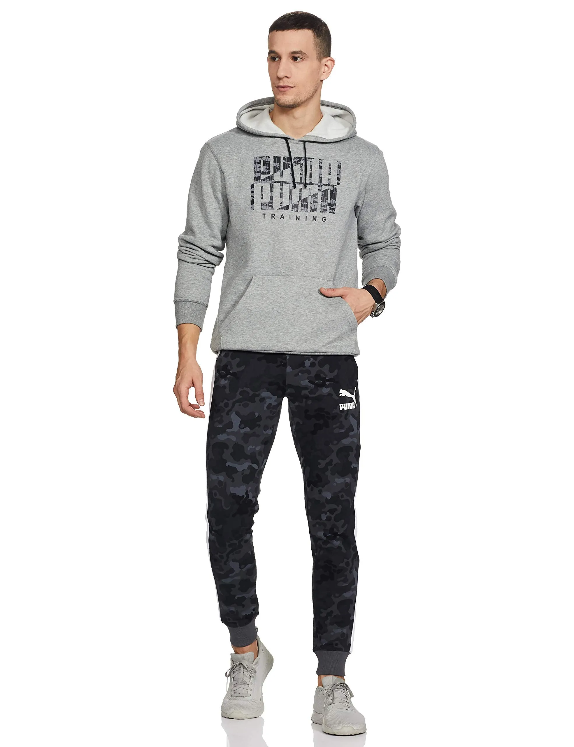 Puma Men's Poly Cotton Hooded Neck Sweatshirt (Gray Heather-Black Camo)