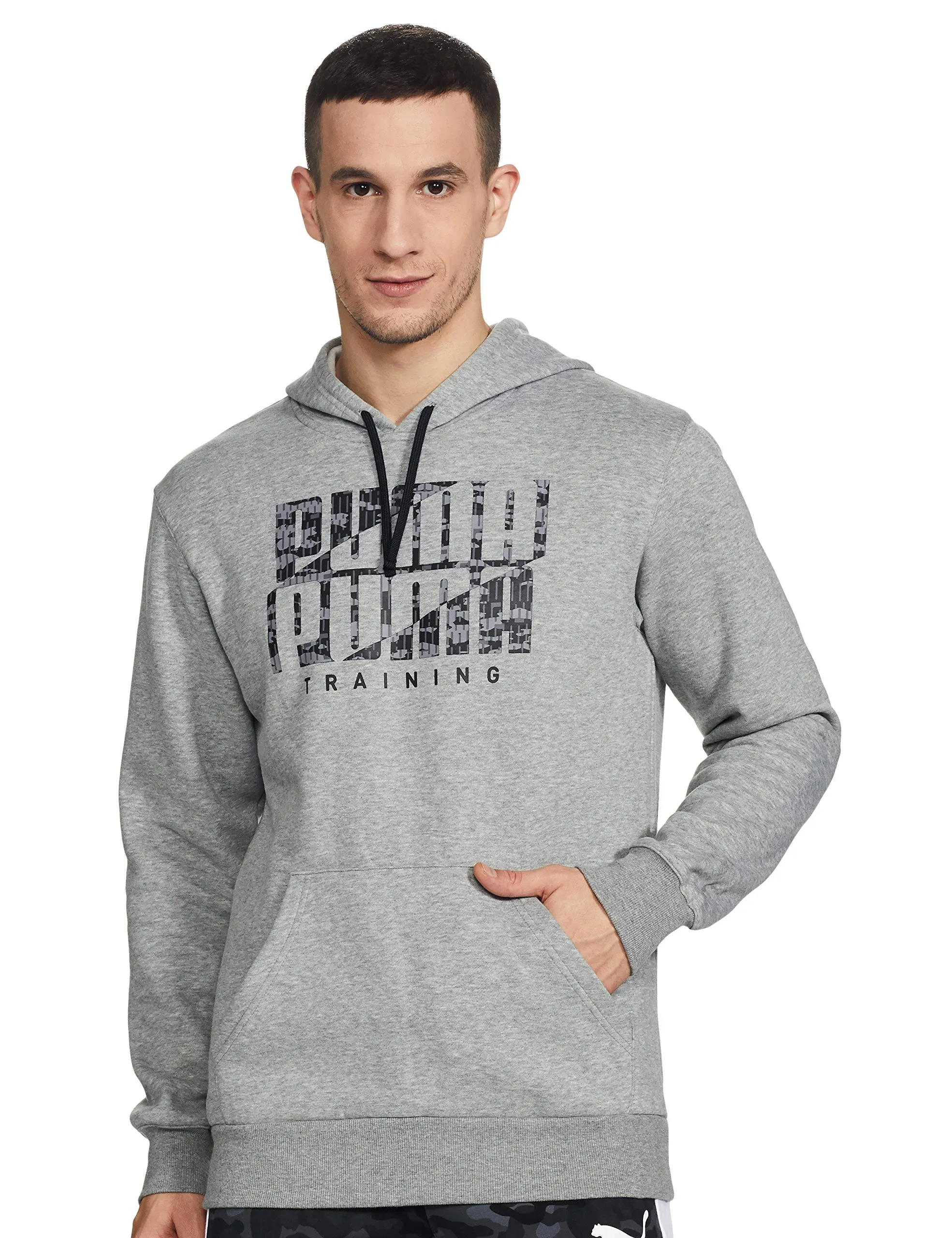 Puma Men's Poly Cotton Hooded Neck Sweatshirt (Gray Heather-Black Camo)