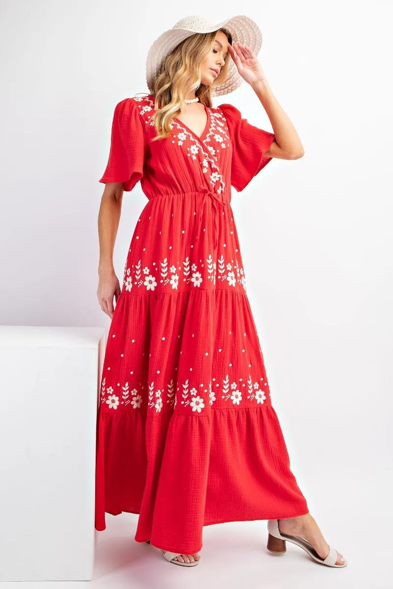 Red Maxi Dress w/ Embroidery Details