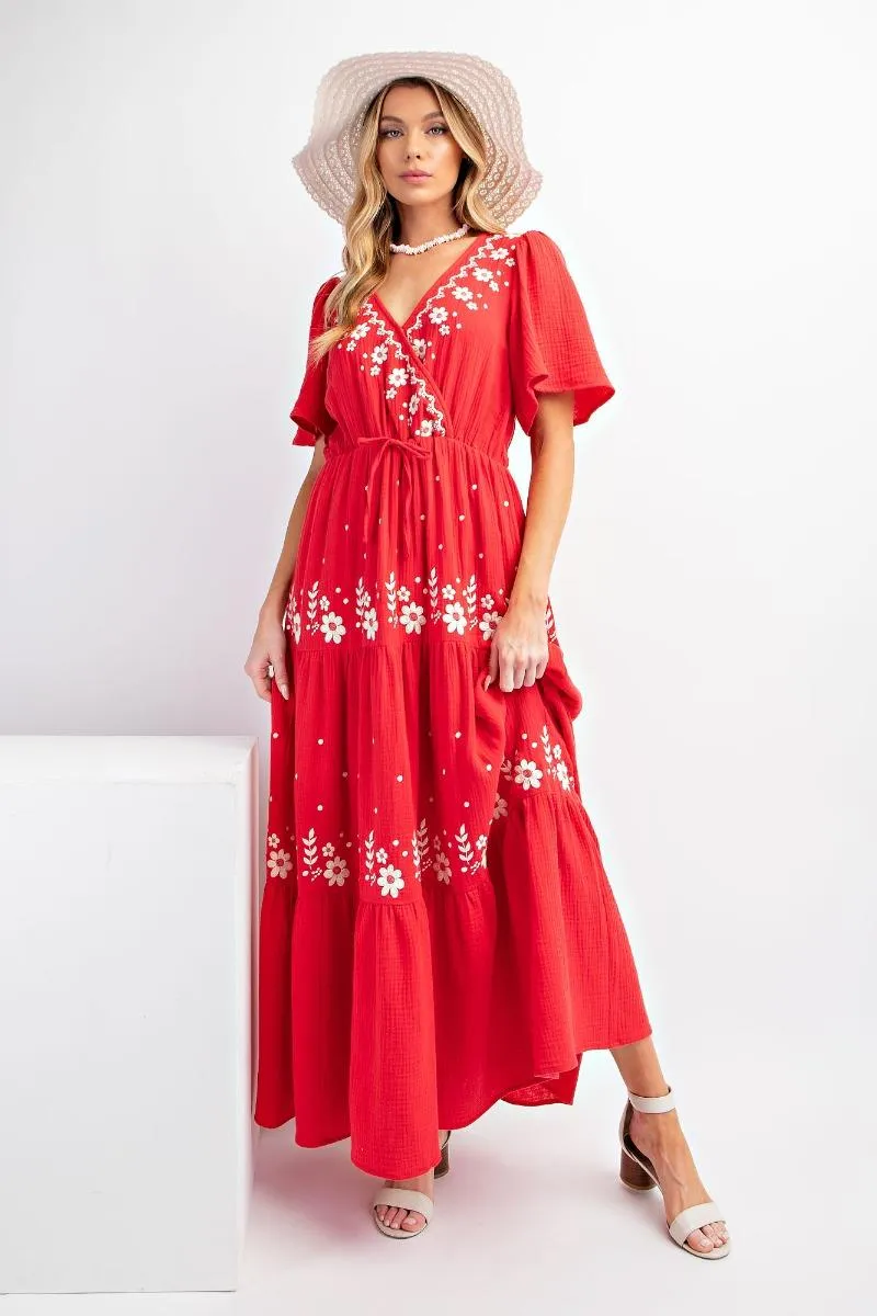 Red Maxi Dress w/ Embroidery Details