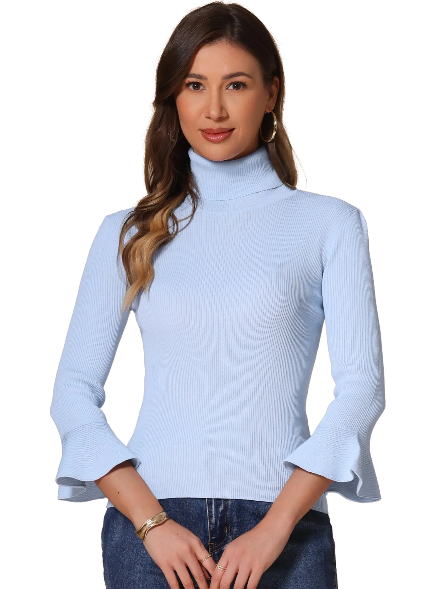 Ruffled 3/4 Sleeve Turtleneck Knitted Pullover Sweater