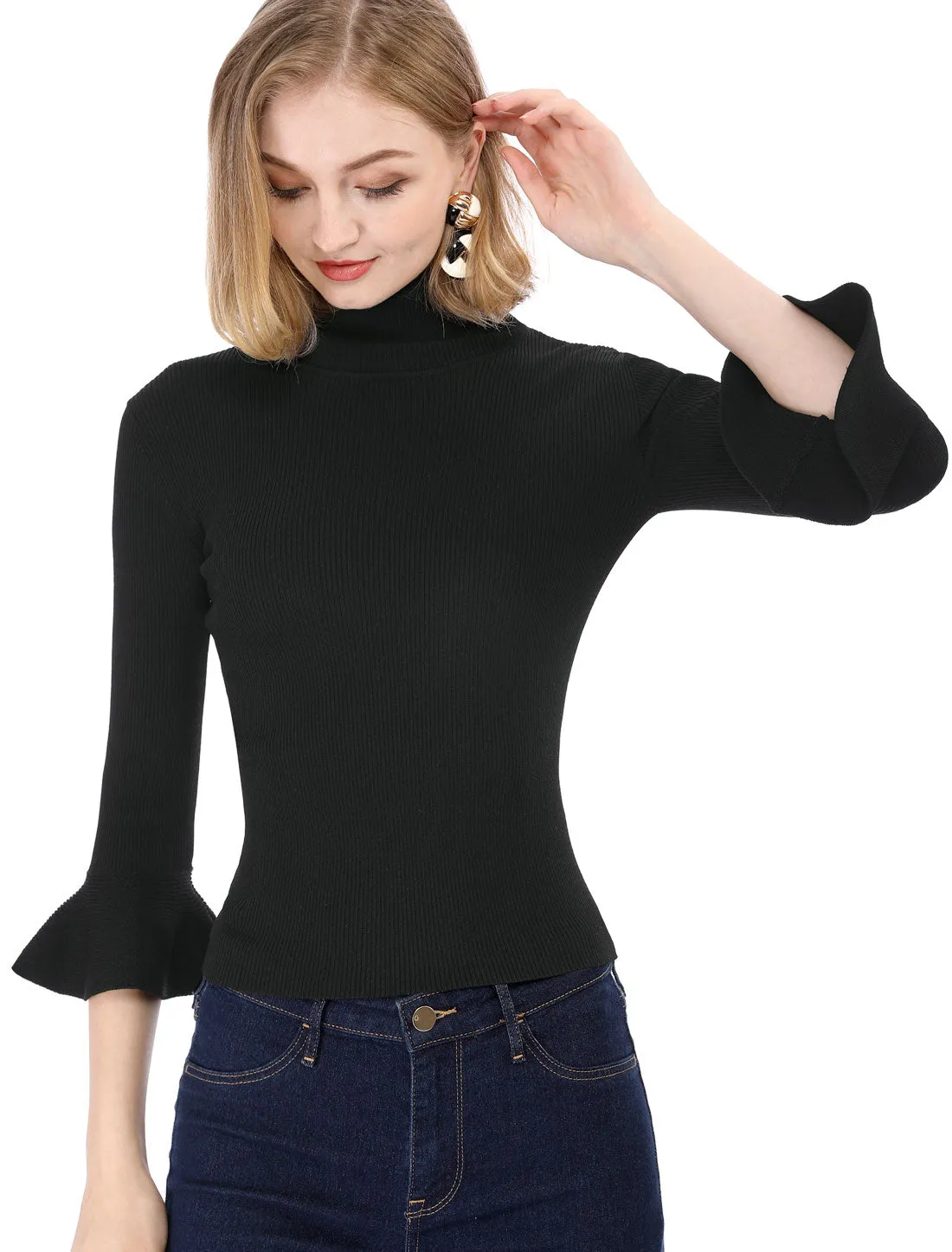 Ruffled 3/4 Sleeve Turtleneck Knitted Pullover Sweater