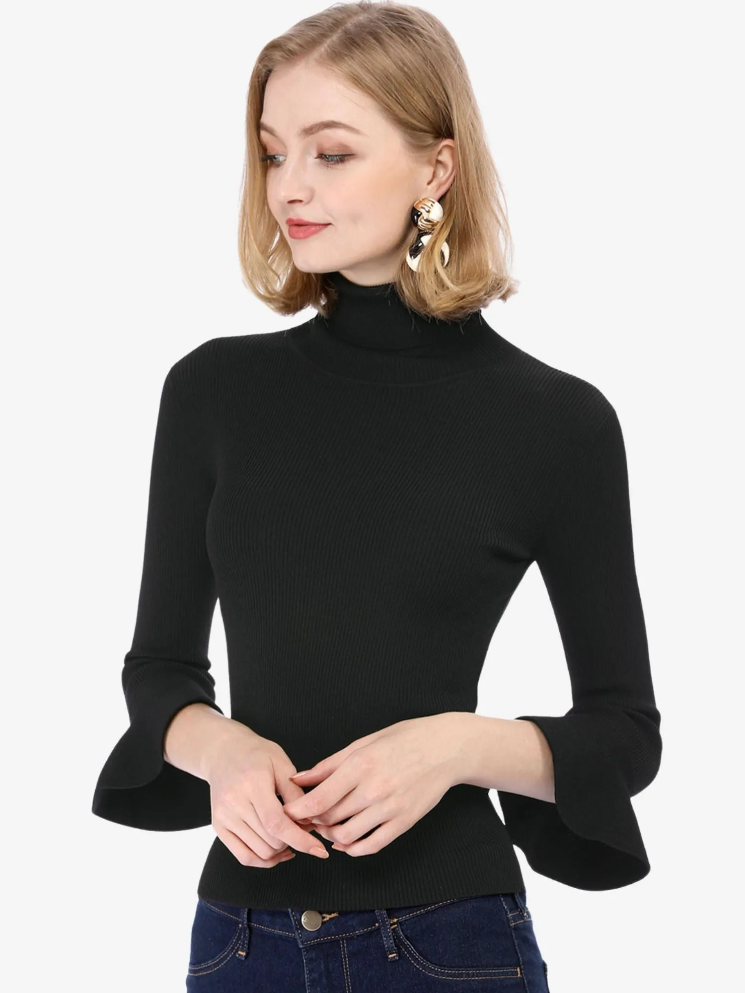 Ruffled 3/4 Sleeve Turtleneck Knitted Pullover Sweater